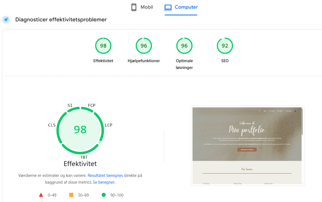 Her vises hastigheden på computeren