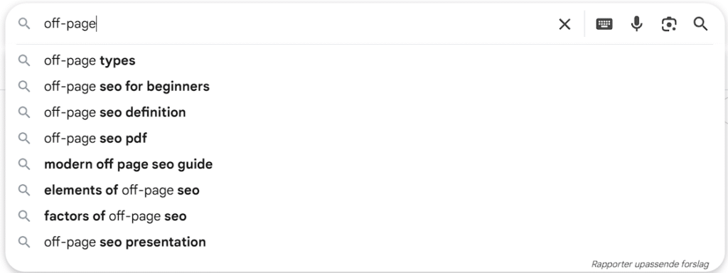 Her ses hvad der kommer frem, når man Googler Off-Page.