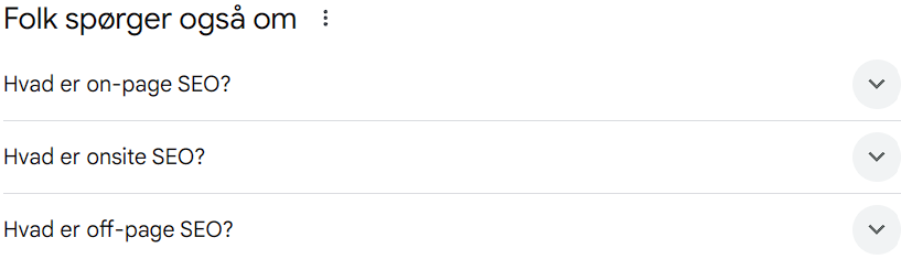 Her ses hvilke relevante søgninger der kommer frem, når man Googler On-Page.