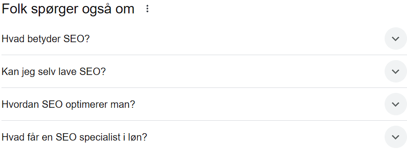 Her ses relaterede spørgsmål, når man Googler SEO