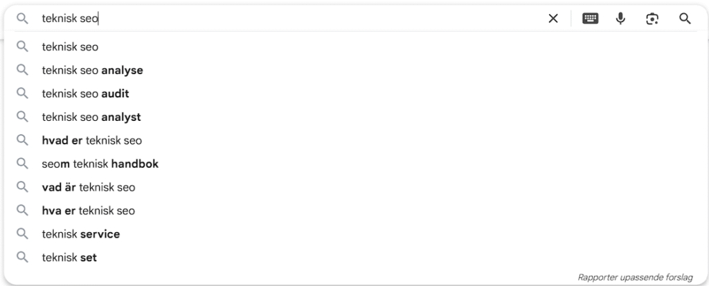 Her ses hvad der kommer frem når man Googler Teknisk SEO