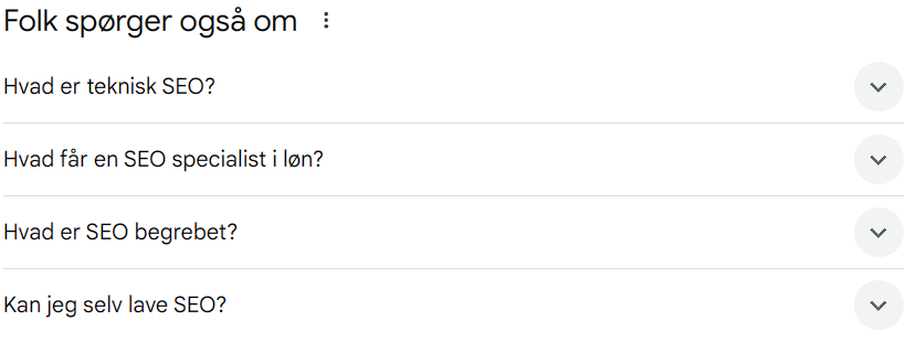 Her ses hvilke relevante spørgsmål der kommer frem, når man Googler teknisk SEO.